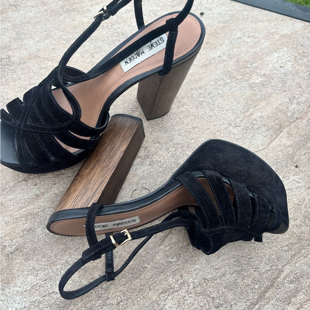 Steve Madden Black Strappy Block Heel Sandals with Ankle Buckle